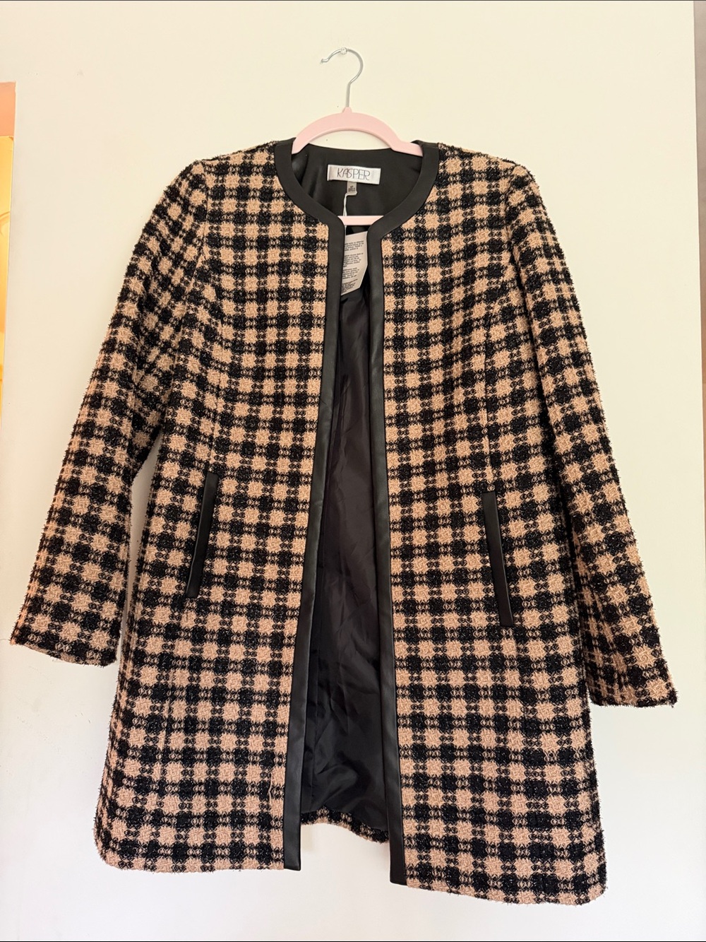 Kasper Black and Cream Plaid Open-Front Coat